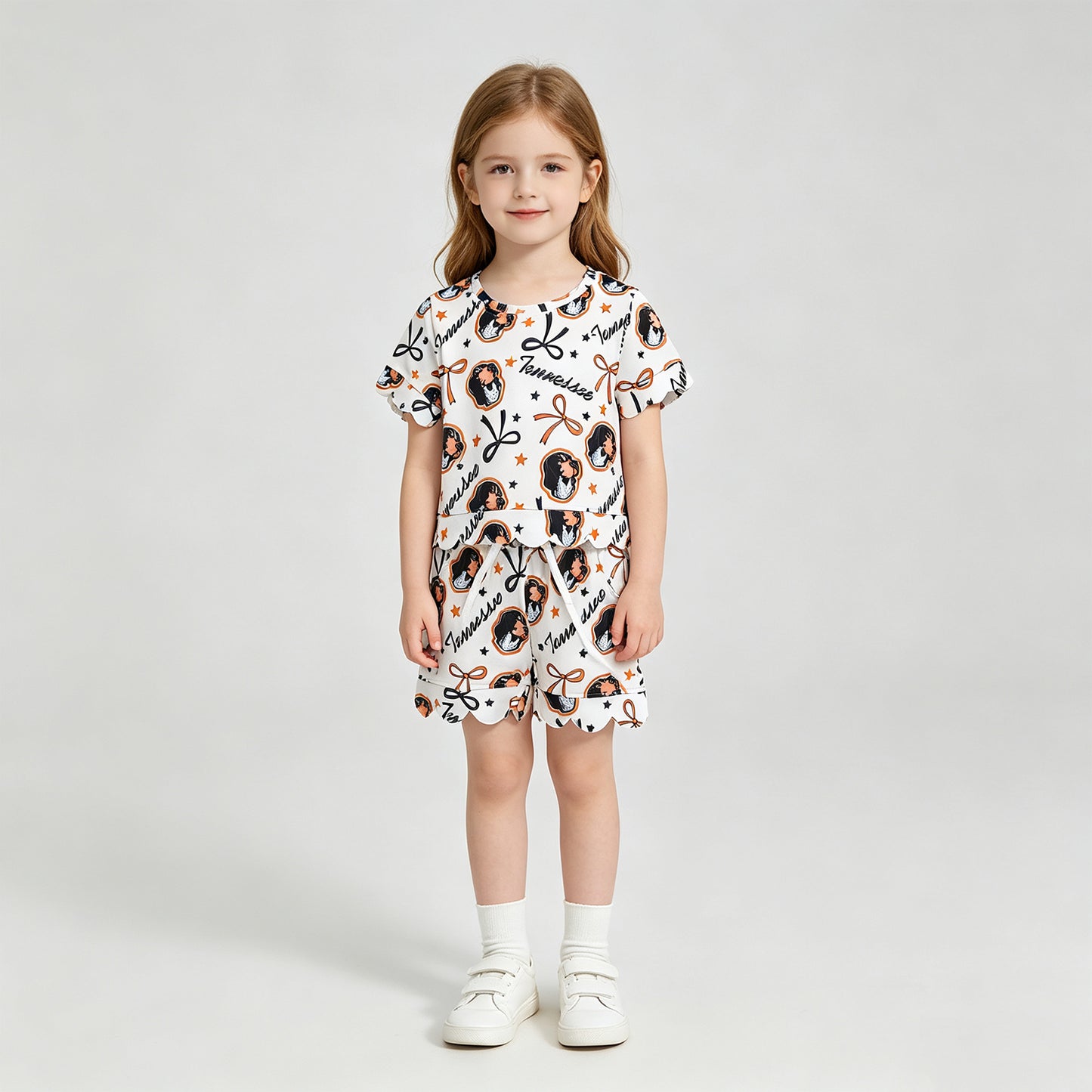 GSSO3251 RTS NO MOQ （In stock） Baby Girls Cute Star Bow Short Sleeve Top Scallop Trim Casual Shorts Team Daily Outfit