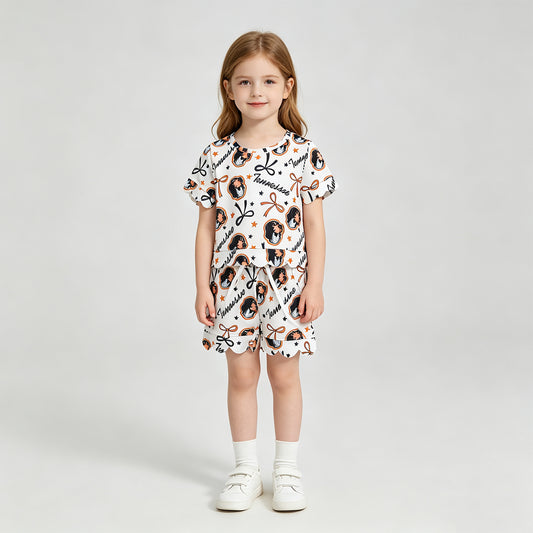 GSSO3251 RTS NO MOQ （In stock） Baby Girls Cute Star Bow Short Sleeve Top Scallop Trim Casual Shorts Team Daily Outfit