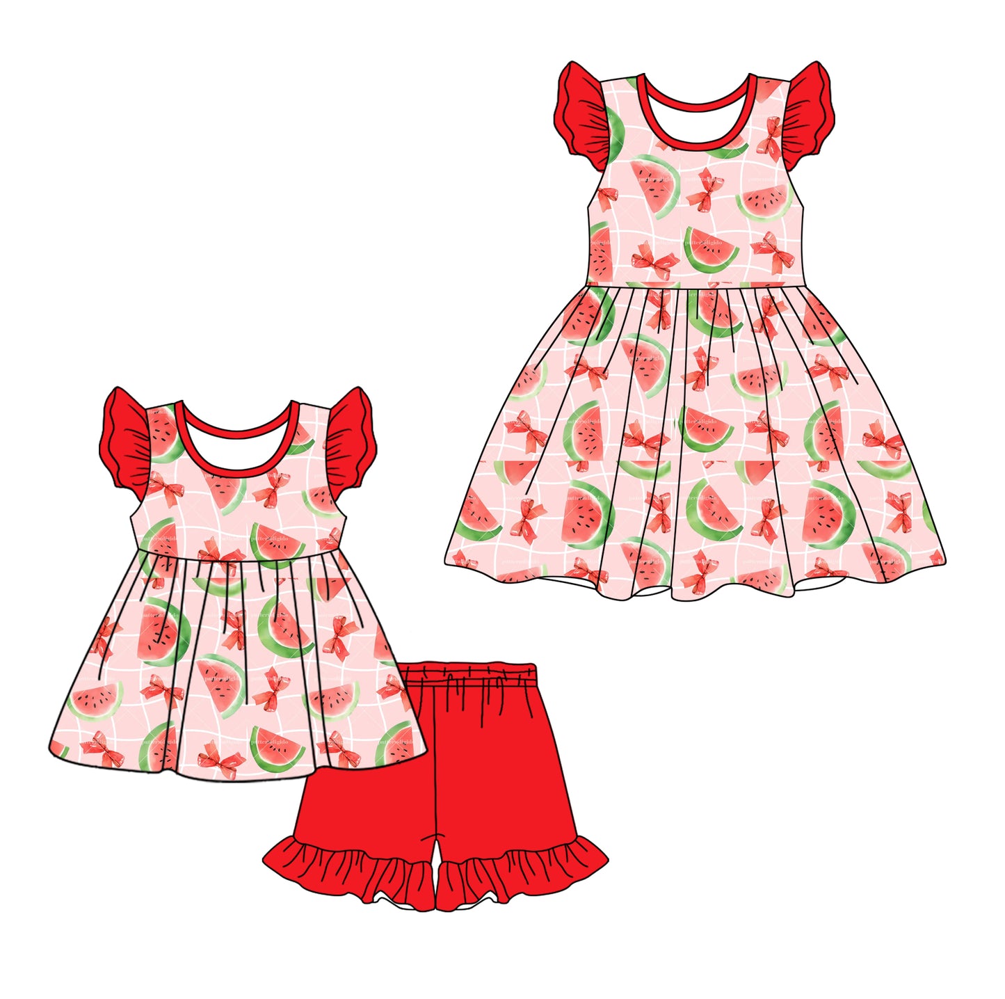 Flutter sleeves watermelon bow tunic shorts girls clothes