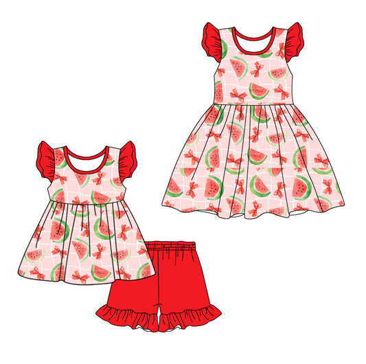 Flutter sleeves watermelon bow tunic shorts girls clothes