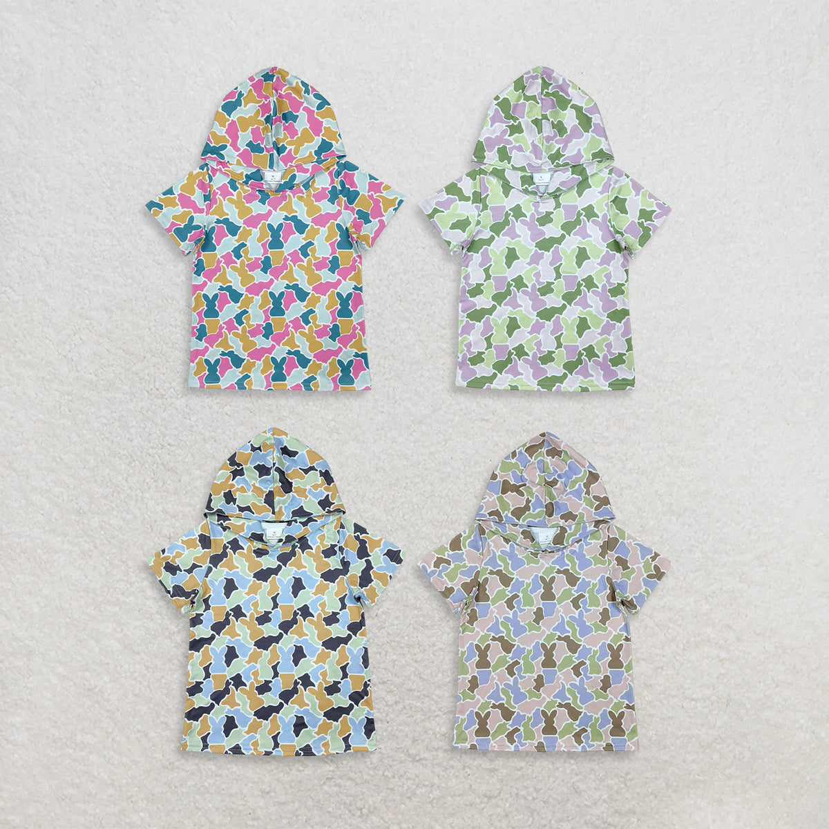 RTS NO MOQ Sibling milk silk Baby Girls And Boys Easter Bunny Camo Print Short Sleeve Hooded T Shirt