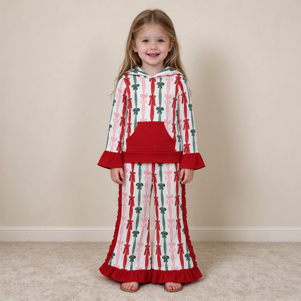 RTS NO MOQ （In stock） milk silk GLP3497 Baby Girls Green Red Bows Stripe Pocket Hoodie Ruffle Pant Christmas Sets Holiday Outfit
