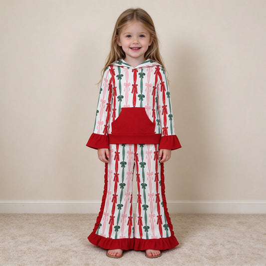 RTS NO MOQ （In stock） milk silk GLP3497 Baby Girls Green Red Bows Stripe Pocket Hoodie Ruffle Pant Christmas Sets Holiday Outfit