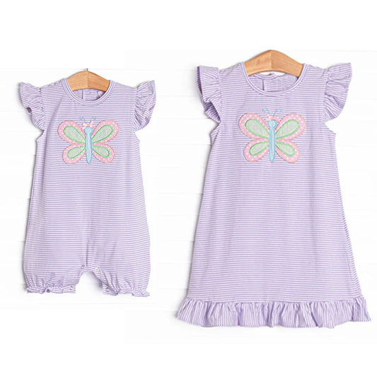 Baby Girls Dress Purple Stripe Dragonfly Ruffle Flutter Sleeves Cute Frock for Little Girls