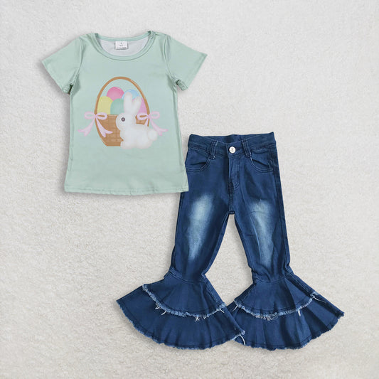 3.6 RTS NO MOQ （In stock）GT1396 + P0003 Baby Girls Short Sleeve Rabbits Eggs Easter T-shirts Top Denim Jeans Pants Clothes Sets