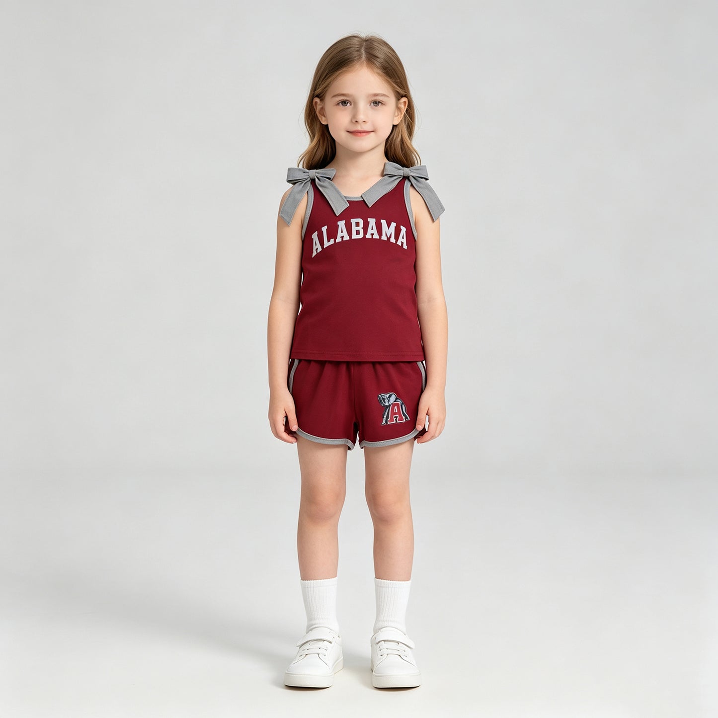 GSSO3831 RTS NO MOQ （In stock）Sleeveless grey bow top shorts A team girls outfits