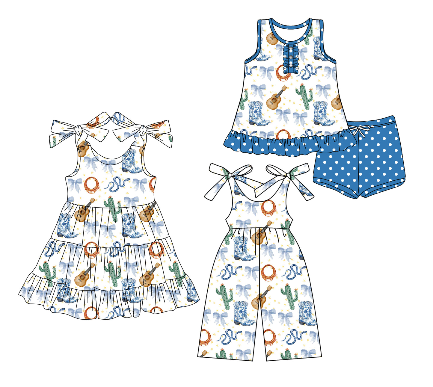 8.26 Pre order Baby Girls Sleeveless Button Boots Cactus Tunic Blue Polka Dots Shorts Set