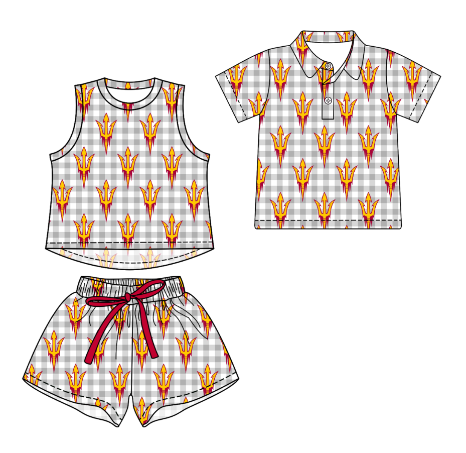 3.16 CUSTOM MOQ 5 Sibling Boys Baby Girls Summer Fashion Gray Check Sleeveless Top Shorts Button Polo Shirts Team Clothes Sets