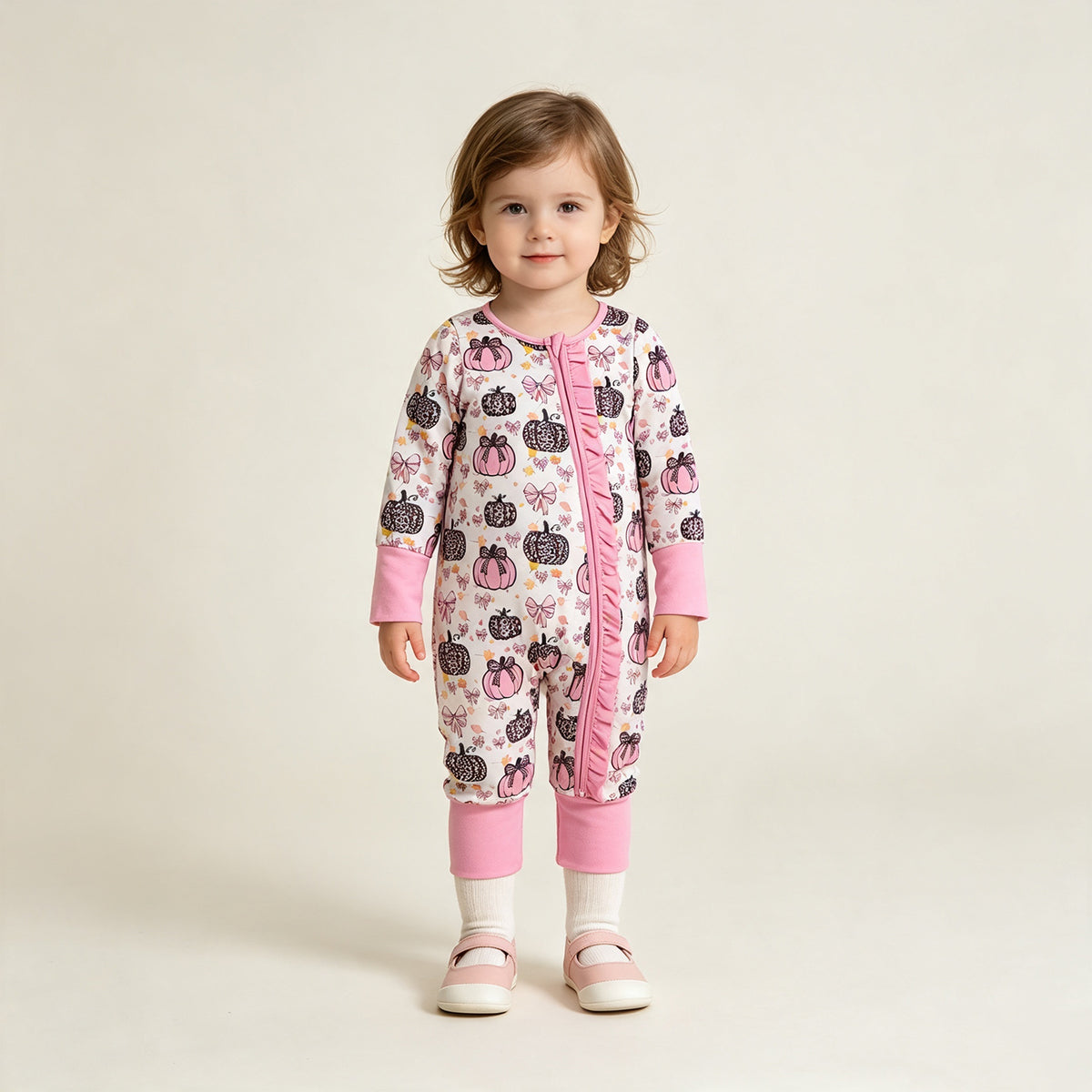 LR3061 RTS NO MOQ （In stock）milk silk Long sleeves leopard pink bow baby girls fall zipper romper