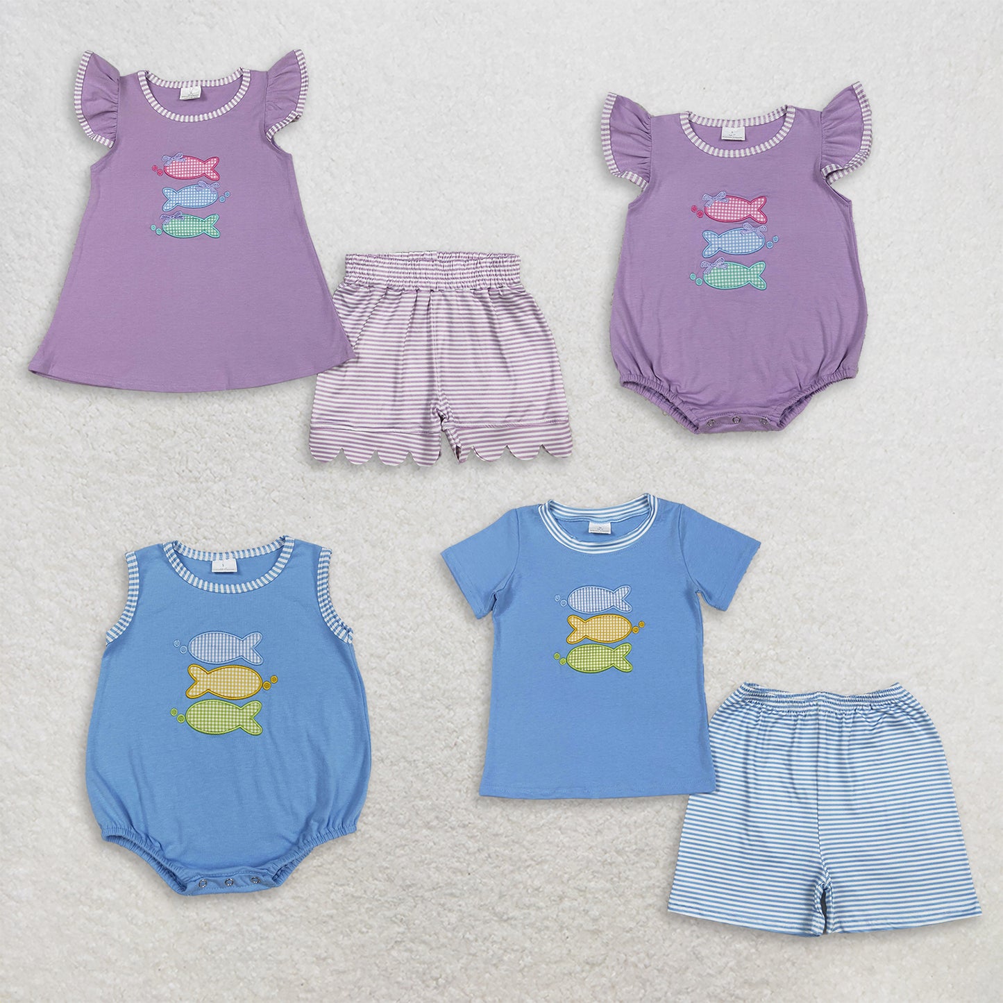 RTS Sibling Short sleeves fish top plaid shorts kids outfits and romper