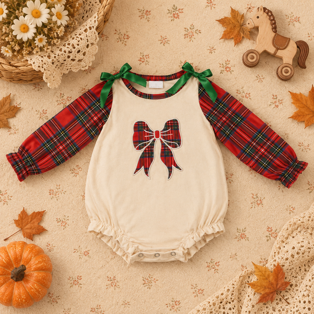 RTS NO MOQ milk silk LR3163 Embroidery Checked Bows Baby Girls Red Green Christmas Ruffle Rompers