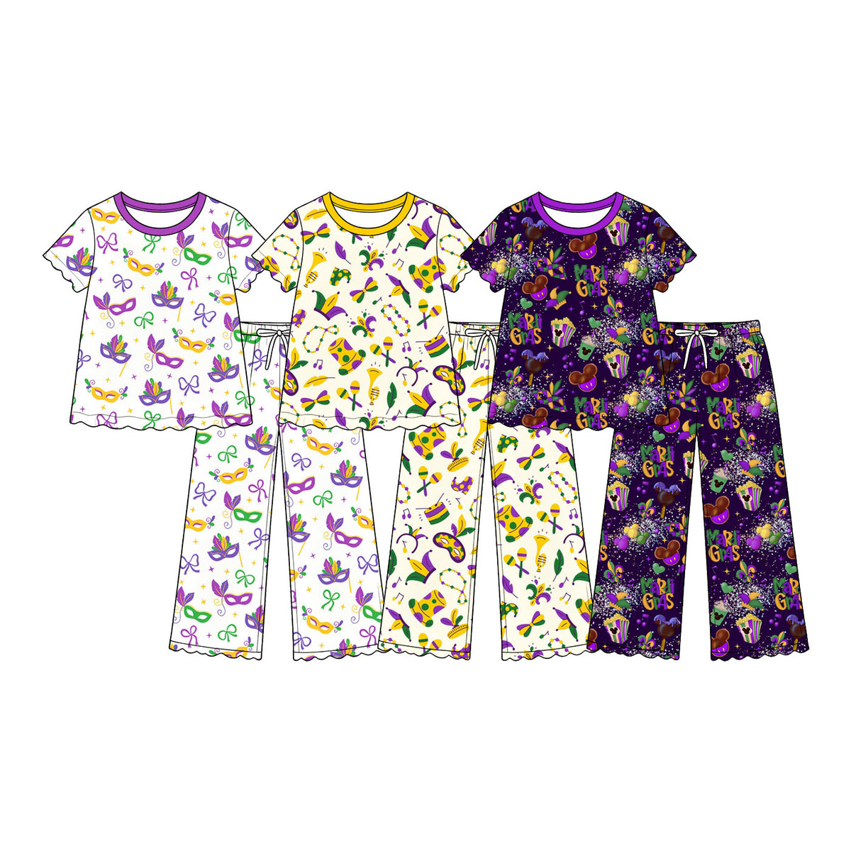 (Preorder new) No moq Toddler Girls Print Scalloped Trim Short Sleeve Top Wide Leg Pants Pajama Set