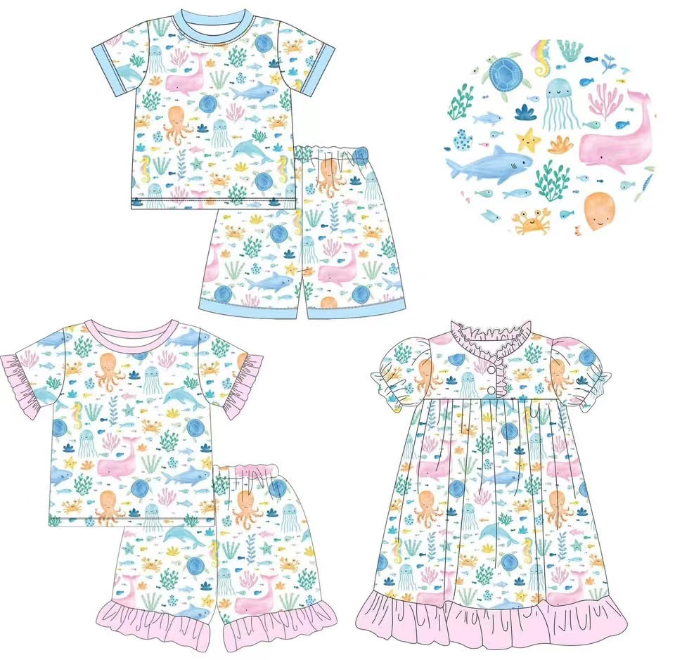 Girls Pink Short Sleeve Summer Pajamas Octopus Turtle Fish Fun Print Comfortable Sleepwear for Kids