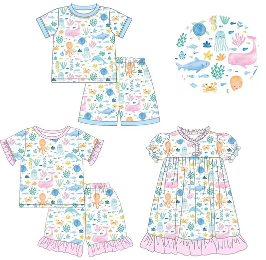 Girls Pink Short Sleeve Summer Pajamas Octopus Turtle Fish Fun Print Comfortable Sleepwear for Kids