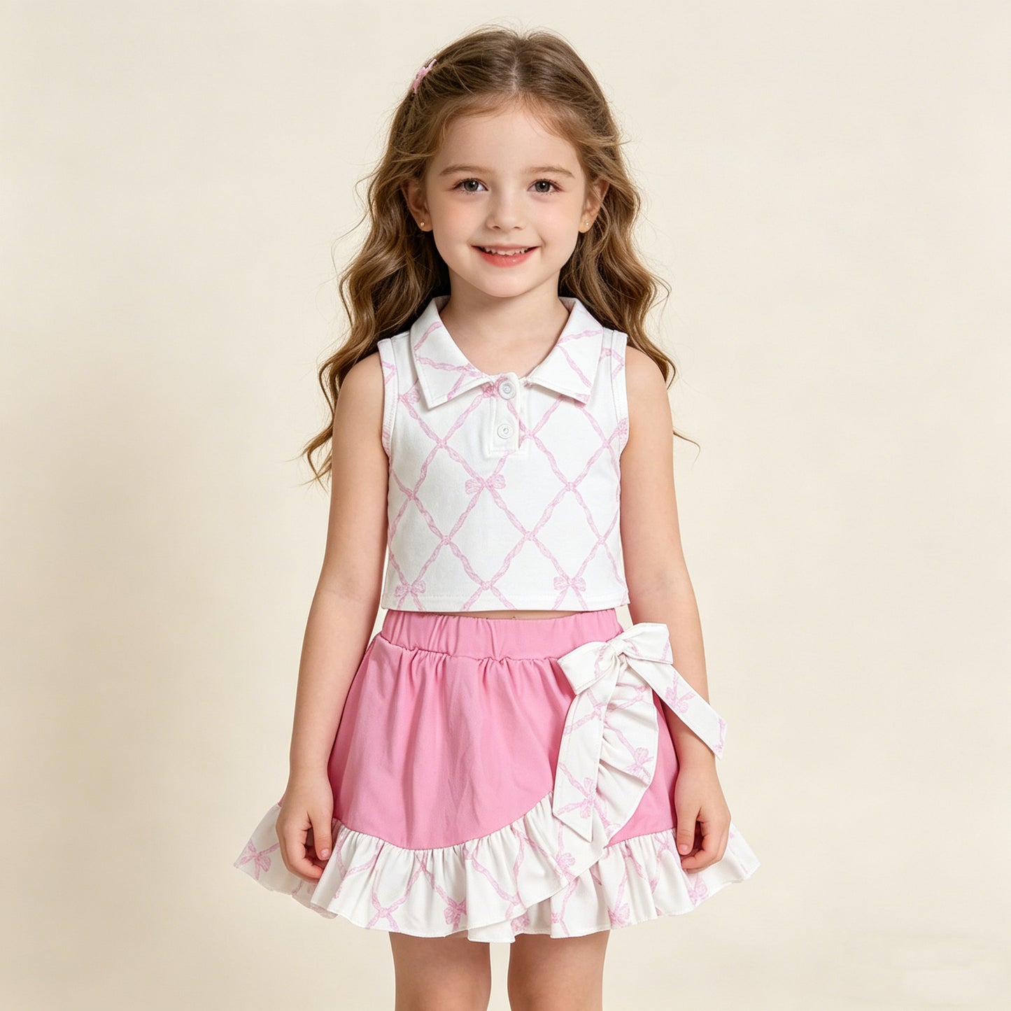 GSD3479 RTS NO MOQ （In stock ）Sleeveless pink bow top ruffle skirt girls activewear set
