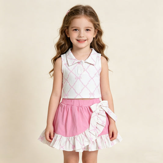GSD3479 RTS NO MOQ （In stock ）Sleeveless pink bow top ruffle skirt girls activewear set