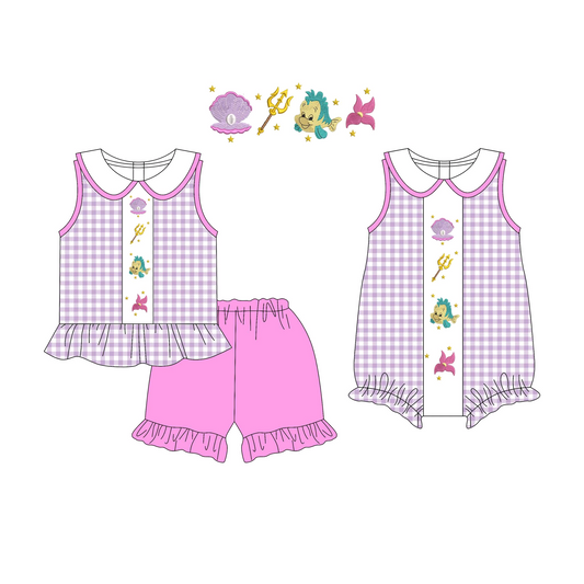 4.12 pre order Baby Girls Cartoon Fish Purple Gingham Top Outfit