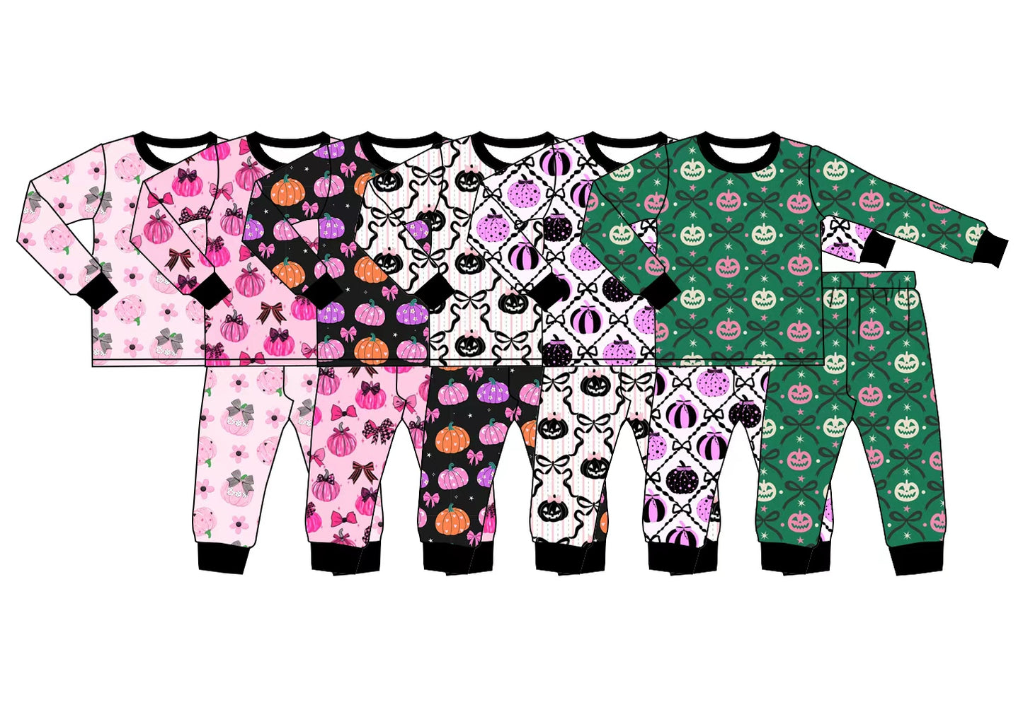 5.1 Pre order No Moq Baby Girls Bows Ghost Pumpkins Top Pant Halloween Pajamas Sets