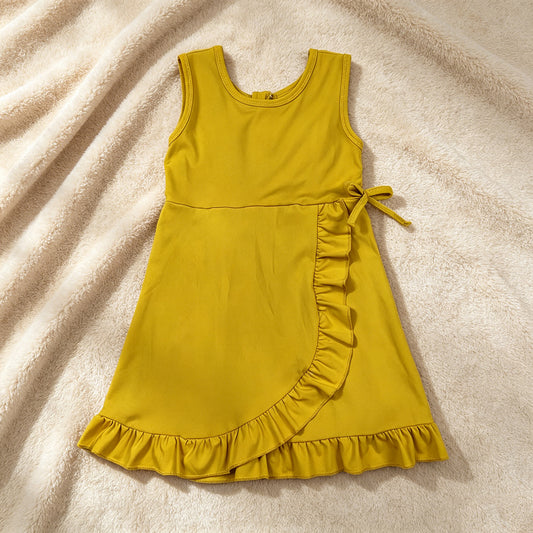GSD3031 RTS NO MOQ （In stock）Sleeveless yellow bow ruffle kids girls summer athletic dress