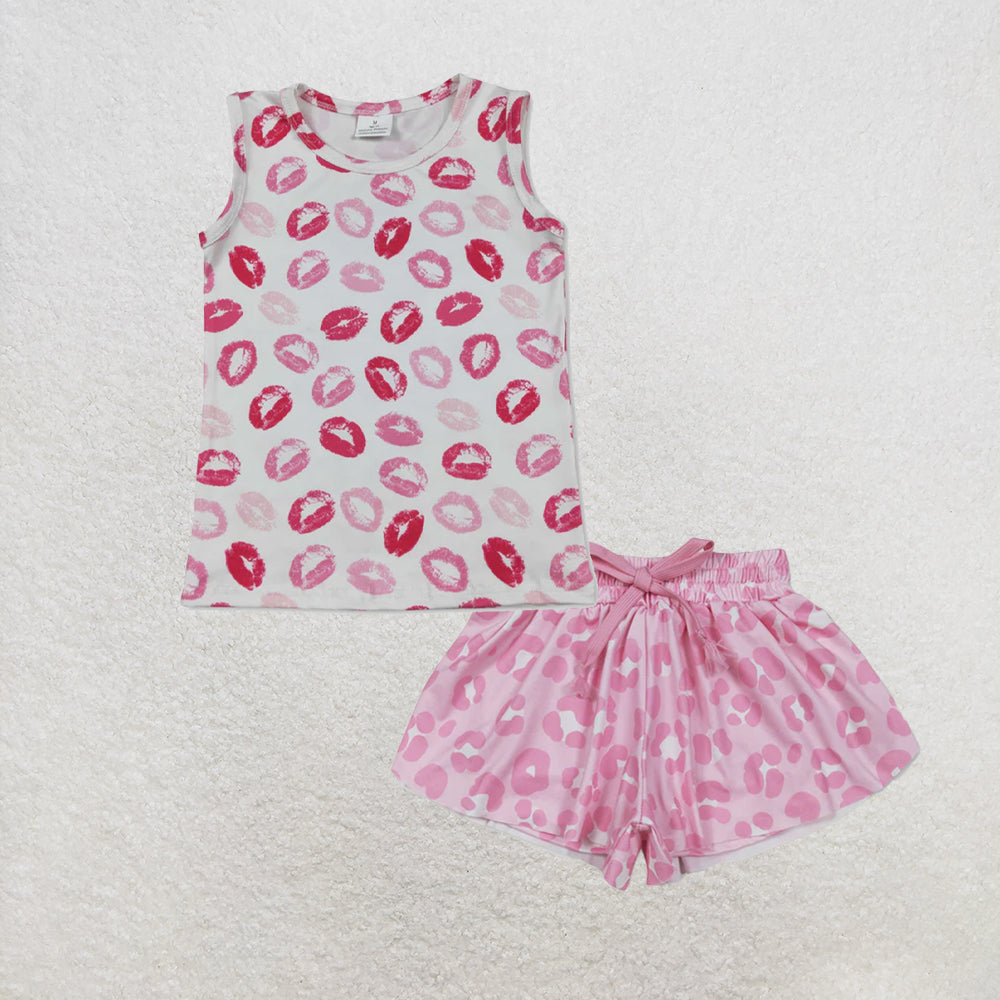 5.26 RTS NO MOQ （In stock）GT1419+SS0587 Sleeveless lips kids girls Valentine's shirt with activewear summer yoga shorts