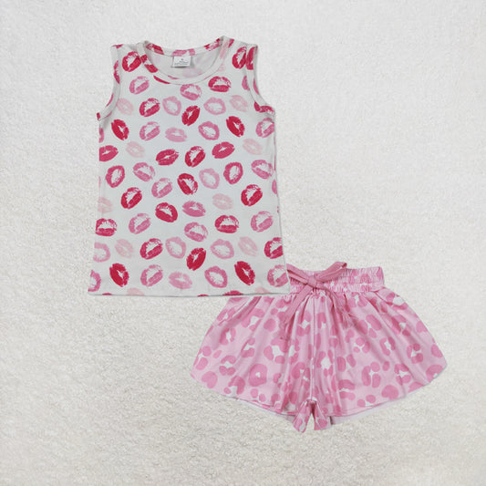 5.26 RTS NO MOQ （In stock）GT1419+SS0587 Sleeveless lips kids girls Valentine's shirt with activewear summer yoga shorts