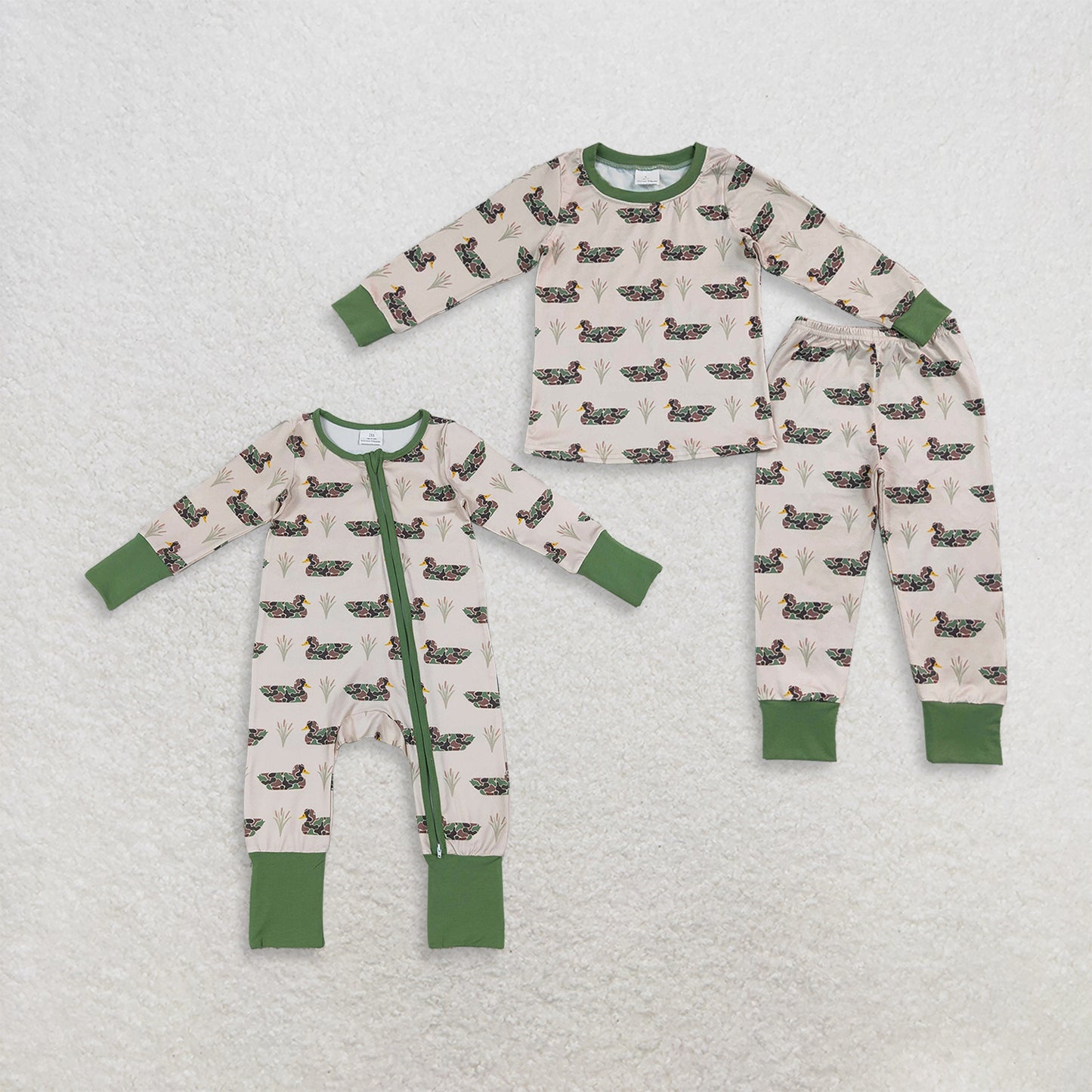 RTS NO MOQ Sibling milk silk Baby Boys Camo Duck Plaid Print Long Sleeve Top Pant  Pajama Set Rompers