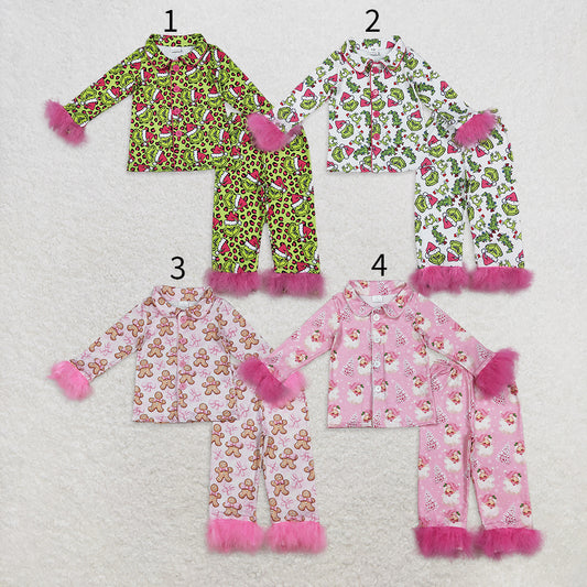 10.1 RTS Sibling Baby Girls Sister Christmas Green Face Bows Buttons Top Pants Fur Pajamas Clothes Sets
