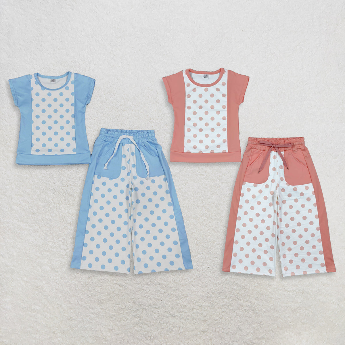 RTS NO MOQ Sibling yoga fabric Baby Girls Polka Dots Pockets Flare Pant Yoga Active Clothes Sets