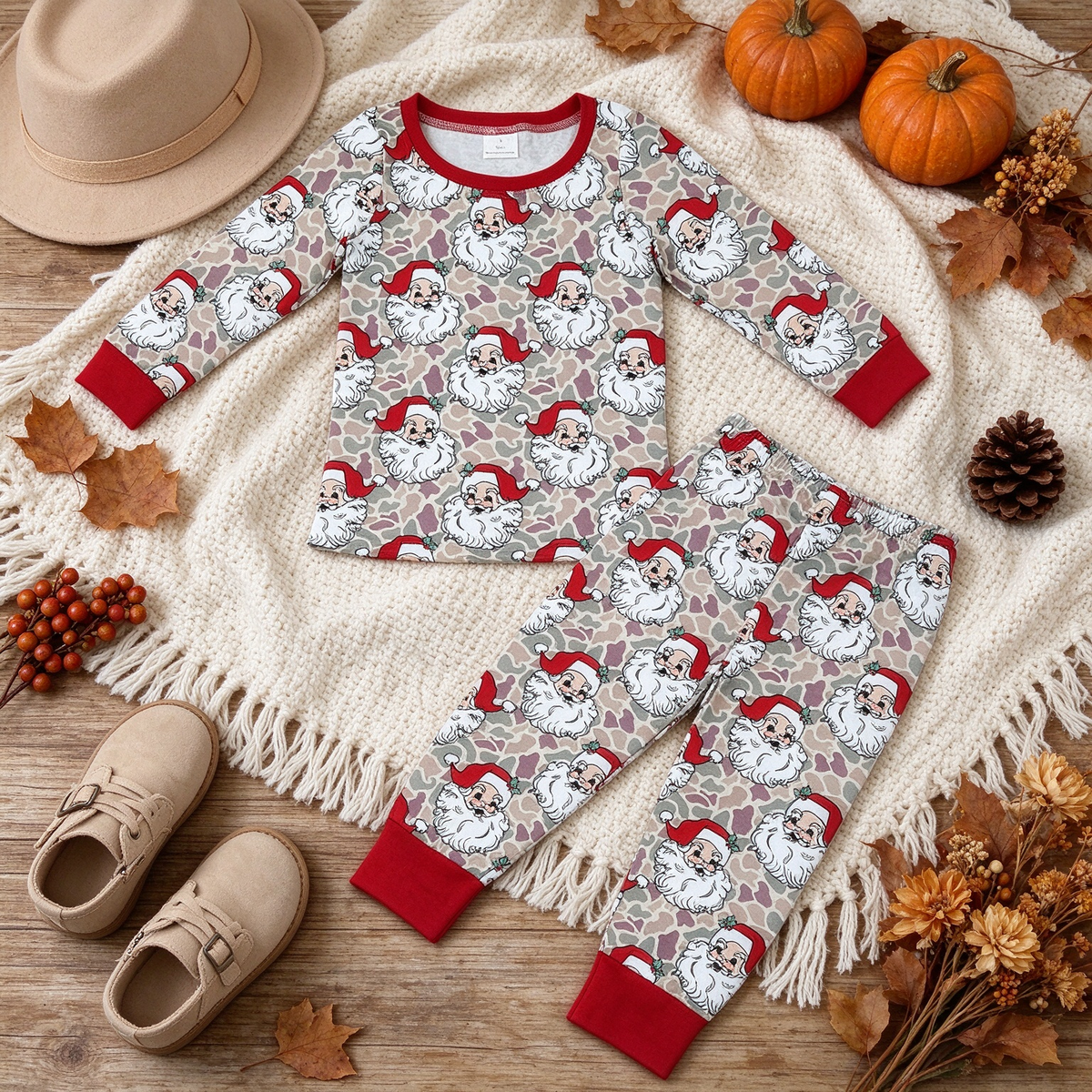 RTS NO MOQ （In stock）milk silk BLP1613 Baby Boys Khaki Camo Santa Top Pant Christmas Pajamas Set