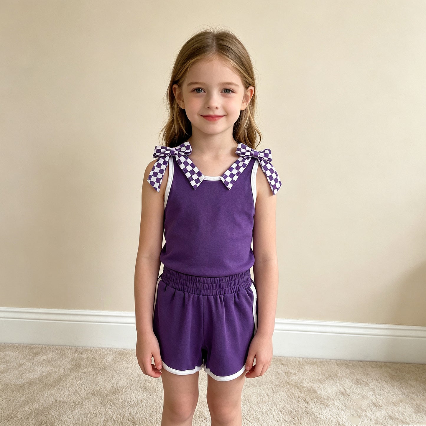 GSSO3814 RTS NO MOQ （In stock）cotton Baby Girls Purple Checked Bows Sleeveless Top Short Clothes Sets