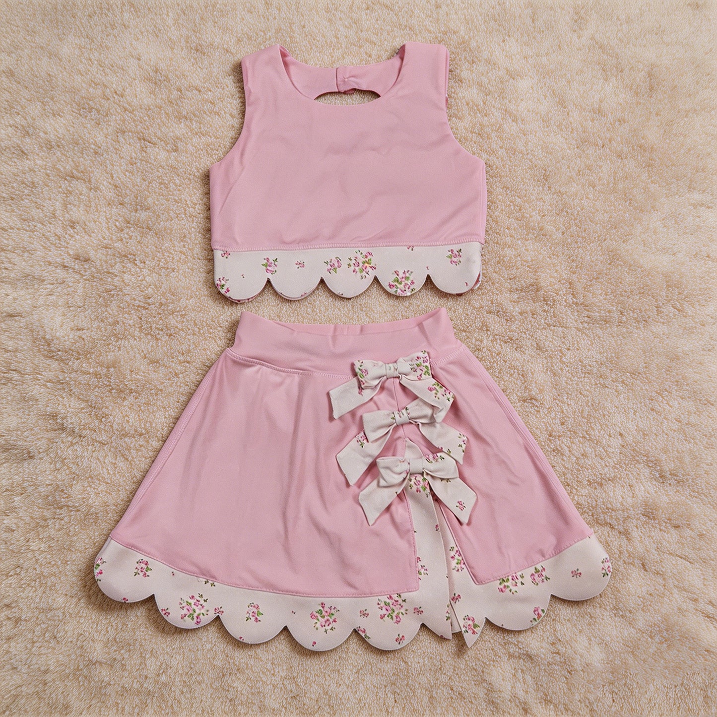 GSD3321 RTS NO MOQ （In stock）Pink sleeveless bow scallop kids girls active wear set