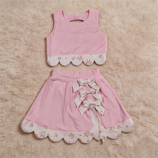 GSD3321 RTS NO MOQ （In stock）Pink sleeveless bow scallop kids girls active wear set