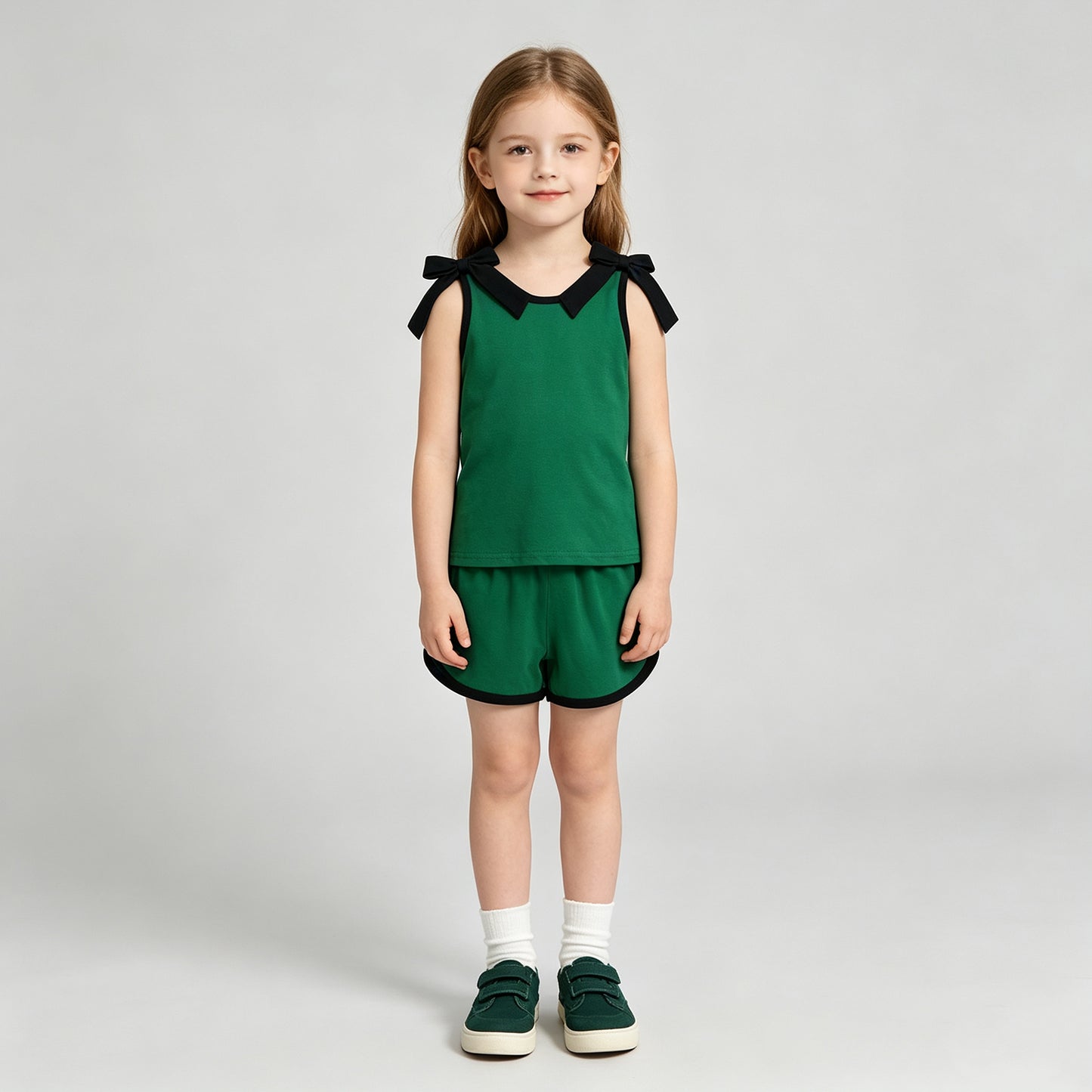 GSSO3825 RTS NO MOQ （In stock）cotton Baby Girls Black Green Bow Print Sleeveless Top Shorts Summer Clothes Se