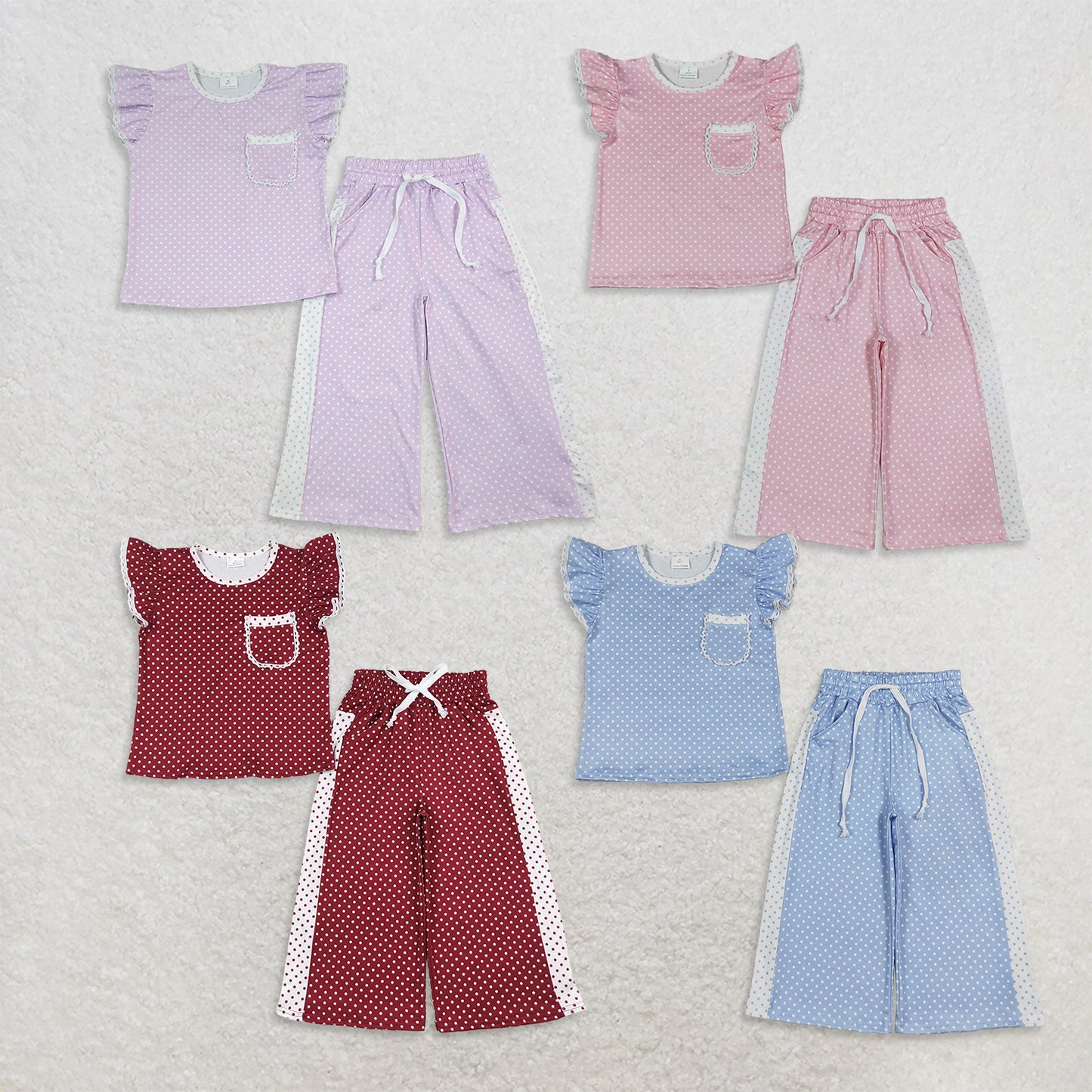 RTS Sibling Baby Girls Polka Dots Pocket Top Flare Pant Clothes Sets