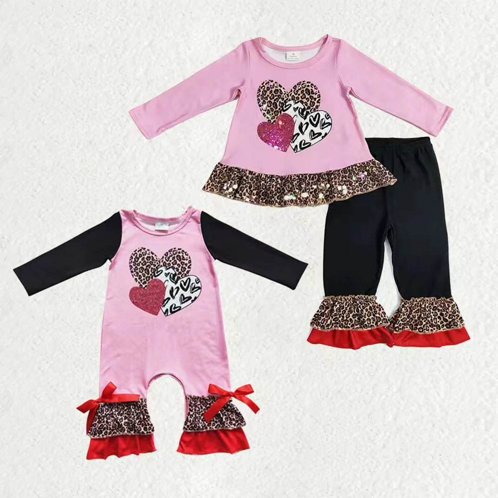 11.29 RTS Sibling Baby Girls Leopard Hearts Tunic Ruffle Pants Valentines Clothes Set Footie Rompers