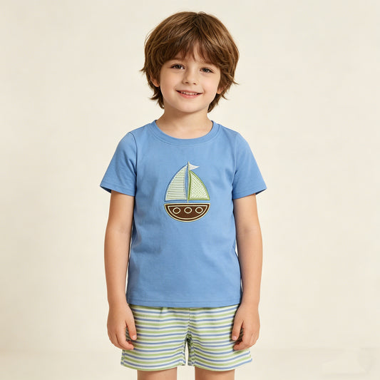 BSSO1860 RTS NO MOQ （In stock ）Short sleeves boat embroidery top stripe shorts boys outfits