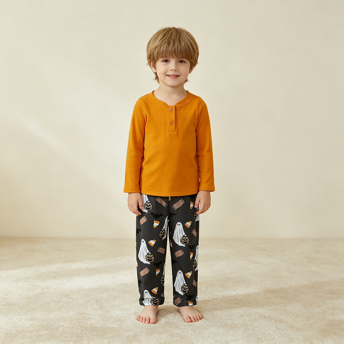 RTS NO MOQ milk silk BLP1546 Baby Boys Orange Button Top Ghosts Pumpkins Pant Halloween Clothes Set