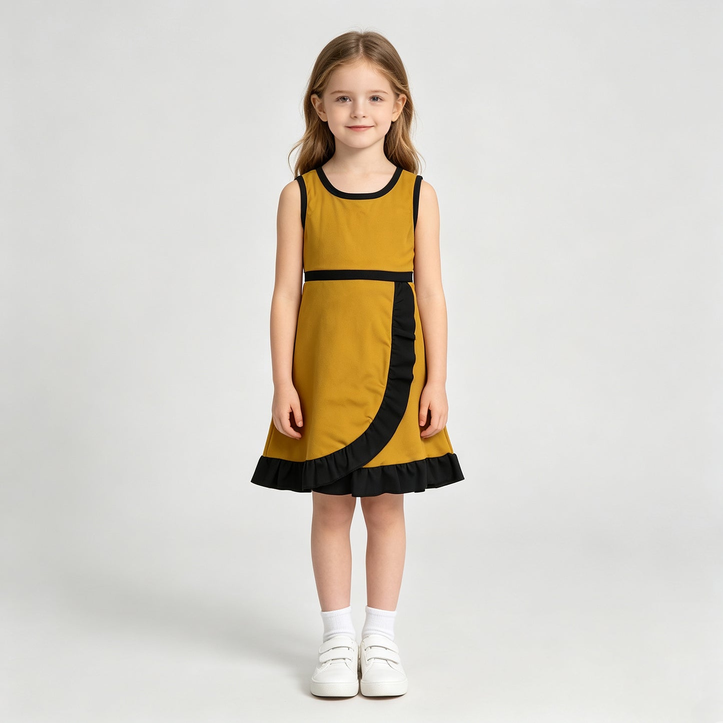 GSD4134 RTS NO MOQ （In stock）Sleeveless black scallop kids girls team athletic dress