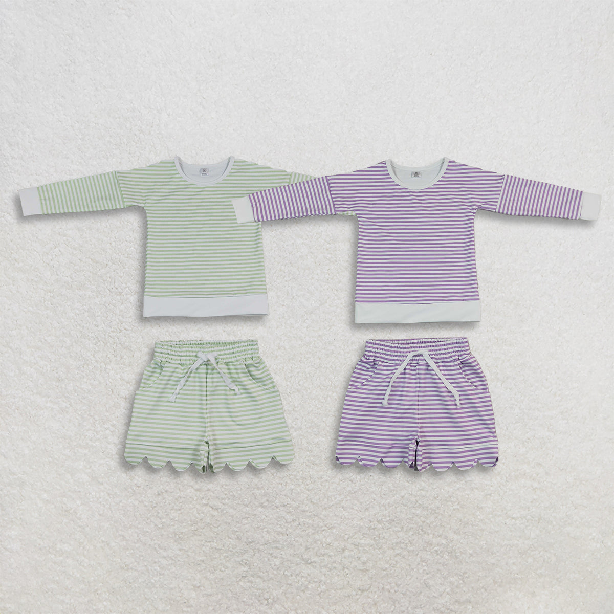 RTS NO MOQ Sibling yoga fabric Baby Girls Striped Long Sleeve Top and Scallop Hem Shorts Set