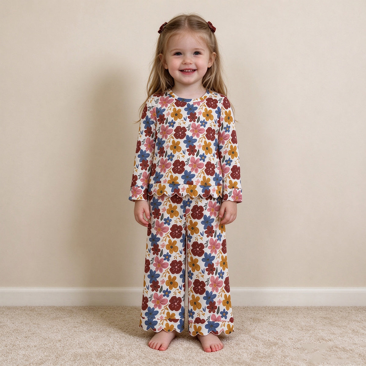 RTS NO MOQ （In stock）GLP3690  Baby Girls Long Sleeve Colorful Flowers Top Pants Fall Scallop Clothes Set