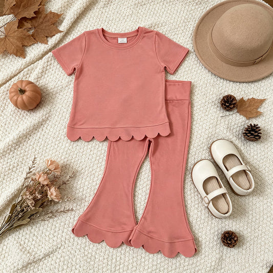 cotton GSPO2338（GT1768+P1076）Baby Girls Pink Short Sleeve Shirts Top Flare Pant Scallop Clothes Sets