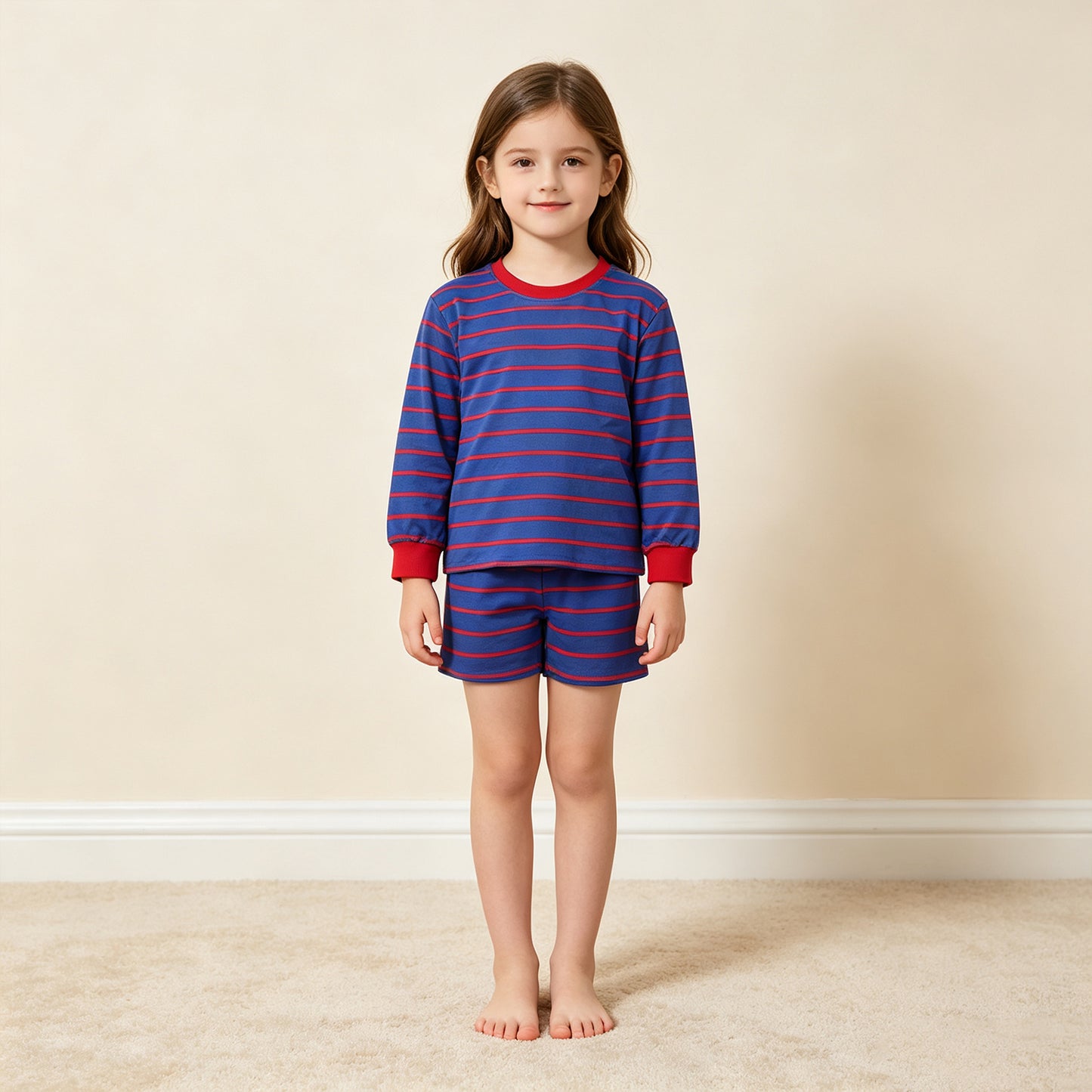 RTS NO MOQ （In stock）yoga fabric GLS0157 Yoga Baby Girls Red Blue Stripe Shirt Top Shorts Ki