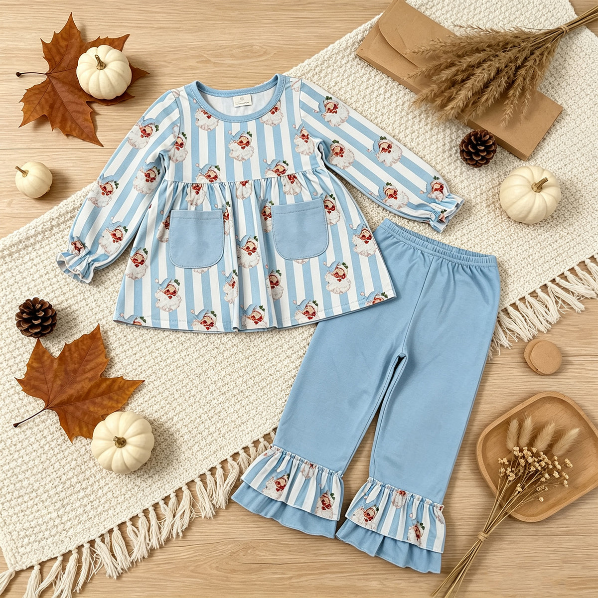 RTS NO MOQ （In stock）milk silk GLP3455 Baby Girls Blue Stripe Santa Pockets Tunic Ruffle Pant Christmas Clothes Set