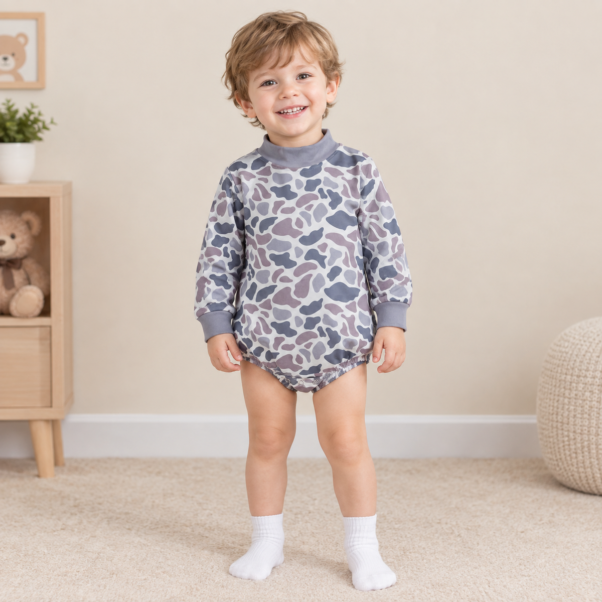 RTS NO MOQ （In stock）milk silk LR3260 Baby Boys Long Sleeve Light Grey Camo Choker Rompers