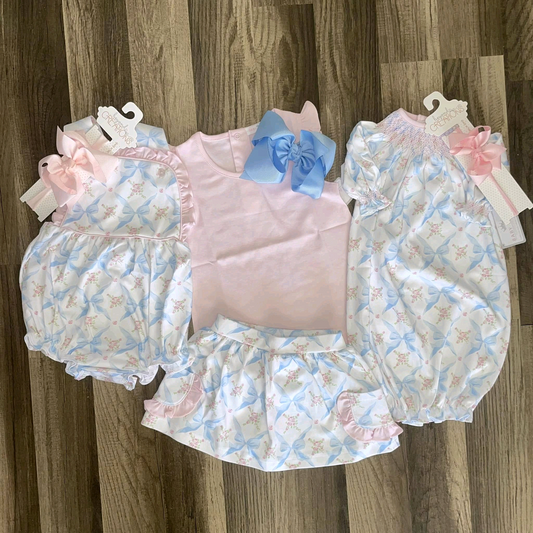 8.27 Pre order Baby Girls Pink Floral Bows Top with Flutter Sleeves And Skirt Set Featuring Pockets Toddler Outfit