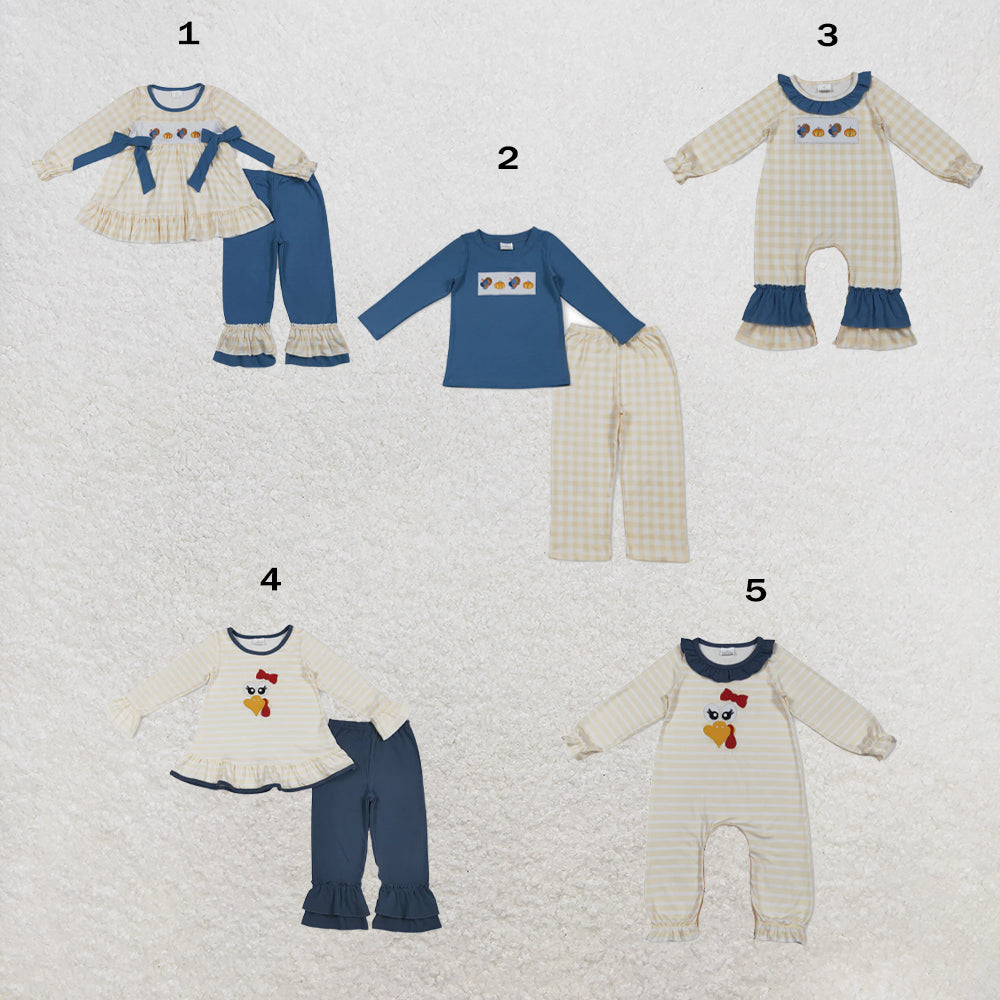RTS Sibling Sibling milk silk Baby Girls And Boys Cute Embroidery Turkey And Pumpkins Plaid Pants Thanksgiving Clothes Set Rompers