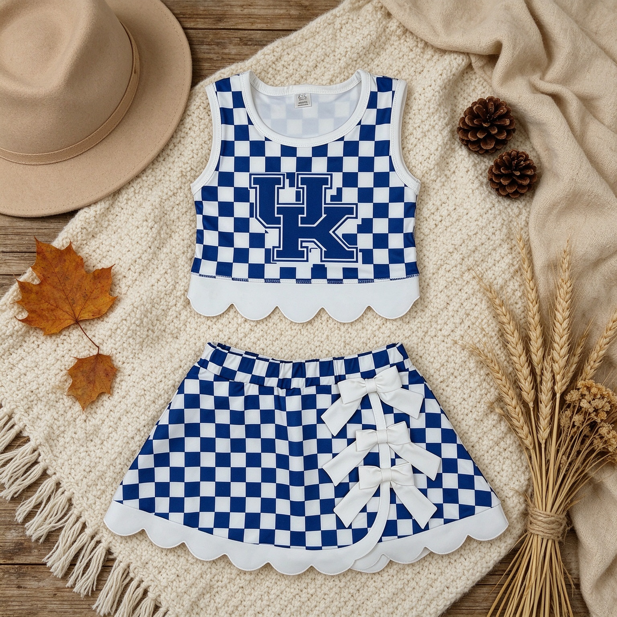 RTS NO MOQ （In stock）yoga fabric GSD4283 Yoga Baby Girls Blue Checked Vest Bows Skirt Short Scallop Yoga Set