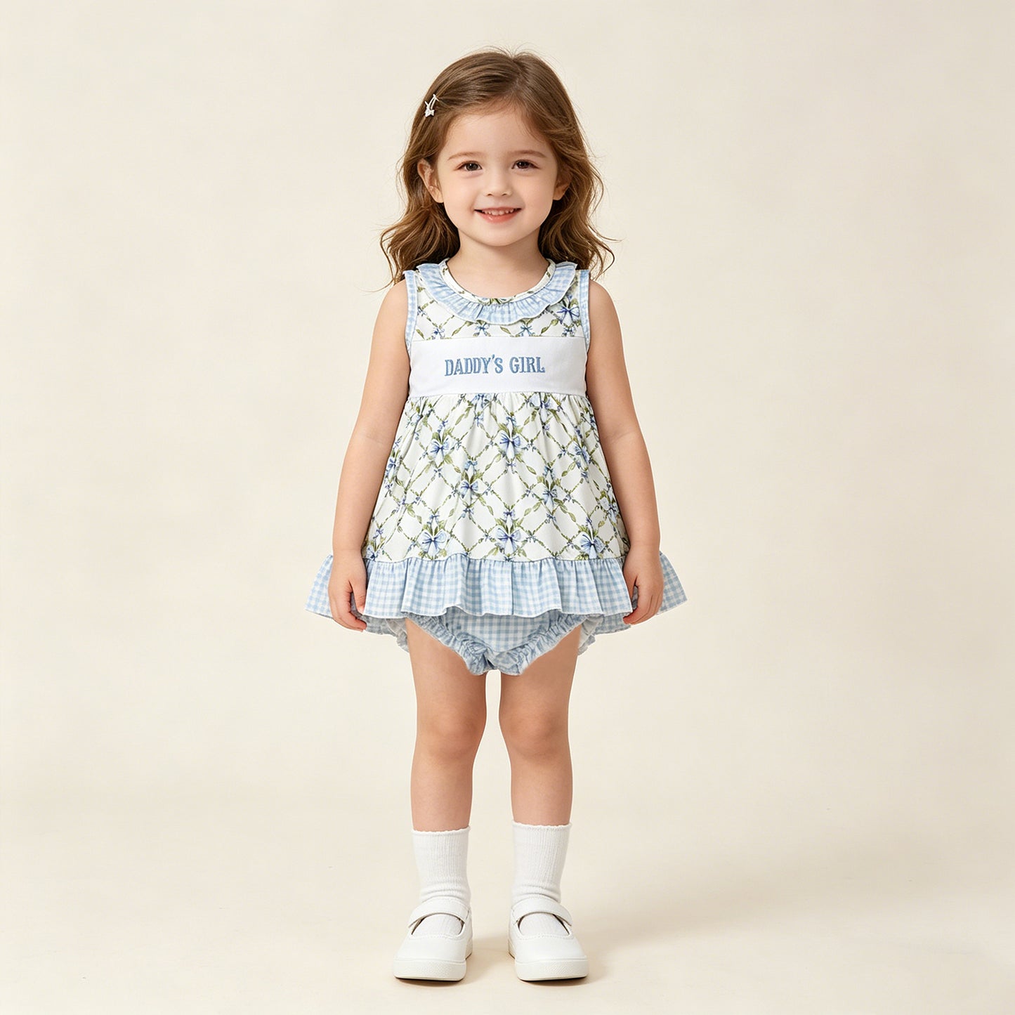 GBO0512 RTS NO MOQ （In stock）Sleeveless daddy's girl bow tunic bummies girls outfits