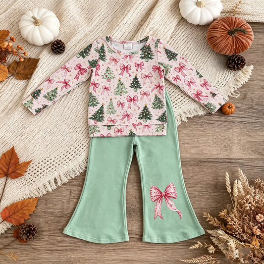 RTS NO MOQ （In stock）milk silk GLP3539 Baby Girls Christmas Tree Bow Print Long Sleeve Top Flare Pants Christmas Casual Outfit