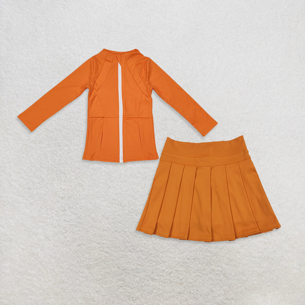 10.31 RTS NO MOQ （In stock）GT0825 + GLK0109 Baby Girls Orange Zipper Pockets Jackets Skirt Shorts Yoga Active Clothes Sets